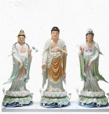 China China White Marble Buddha Statues Colored White Gold Jade Guanyin Western Three Sacred Buddha Art Ornaments for sale