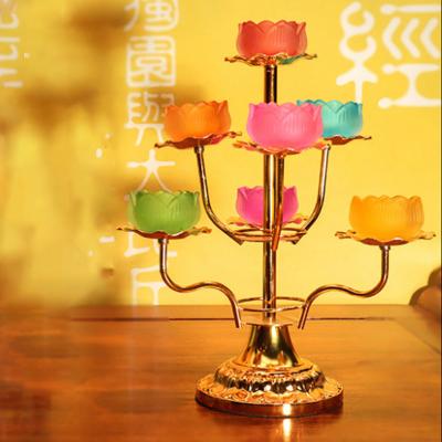 China Decoration Nine-pin Lotus Lamp Imitated Butter Lamp Guanyin Glazed Colorful Frame Lotus Lamp for sale