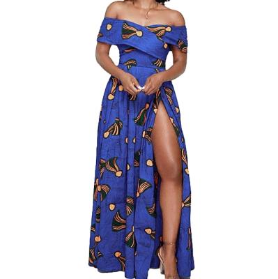 China Breathable African Dress Designs Women New Arrivals Dresses Women Lady Elegant Printing Boat Neckline Slit Dresses African Women Maxi for sale