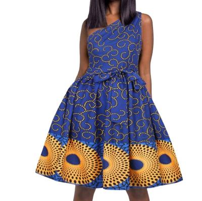 China Breathable African Dresses in Turkey Spot Wholesale New Hot Selling Africa Print Women's Sleeveless Slant Neck Dress with Big Belt for sale