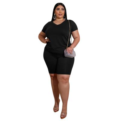 China Manufacturers Best Selling Breathable Chinese Solid Plus Size V-Neck Two Piece Set T-Shirt With Ladies Short Outfit for sale