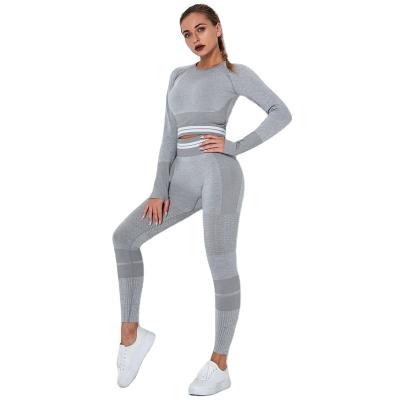 China Breathable Quslity Yoga Pants Set Two Piece Long Sleeve Stripe Top Yoga Pants Set Seamless for sale