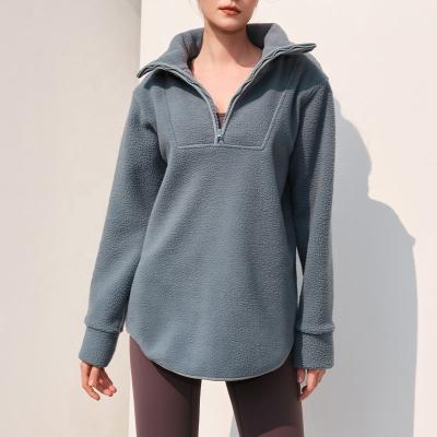 China Womens Workout Warm Breathable Sportswear Long Sleeve Tops Casual Loose Sweater Thickened Sherpa Wool Lapel Top for sale