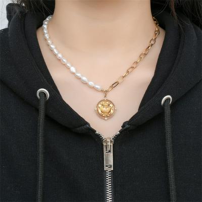 China CLASSIC Gold Plated Stainless Steel Pearl Necklace Cuban Link Chain Hip Hop For Men And Women Necklace for sale