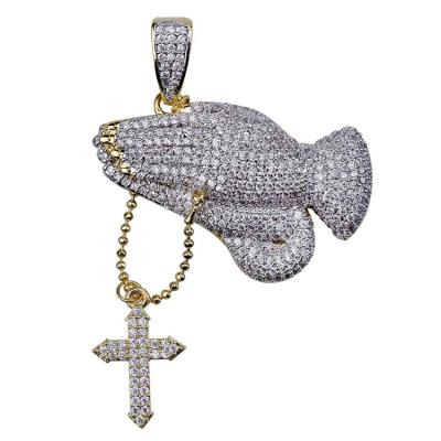 China Hiphop Iced Out Cross Hands Necklace Hip Hop Cross Prayer Pendant for sale