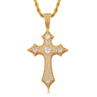 China Retro Hiphop Hip Hop Cross Pendant Real 18K Gold Plated Large Diamond Cross Pendant Necklace for sale