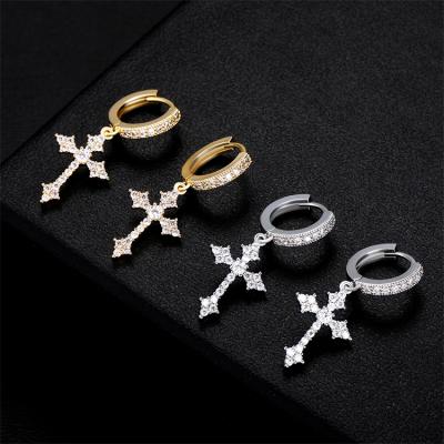 China Hip Hop Hip Hop Plat Gold Bling Cross Charm Earrings Circle Iced Out Cross Earrings for sale