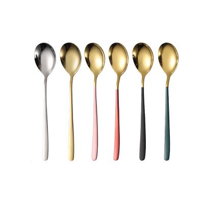 China Sustainable 304 Stainless Steel Titanium Plated Eco-friendly Colored Round Long Handle Dessert Spoon Ice Cream Coffee Tea Spoon for sale