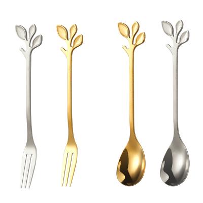 China Creative Viable Leaf Shape Handle Table Fruit Teaspoon 12.2cm and Forking Stainless Steel Tableware 5 Colors Available for sale