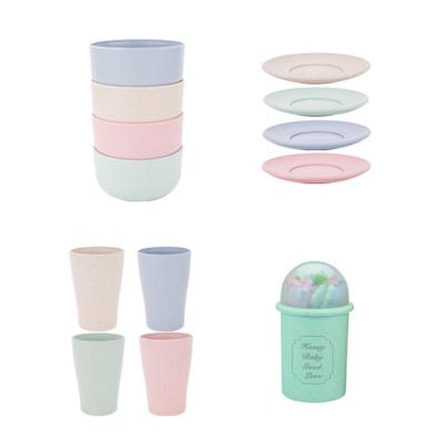 China Viable Wholesale Food Wheat Straw Fiber Tableware Candy Color Safe Cup Bowls Dish Flatware Set for sale