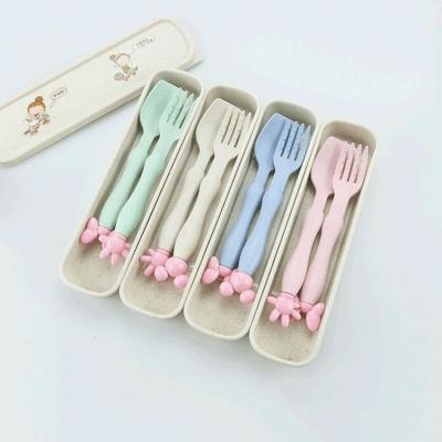 China Viable Kids Students Portable Wheat Straw Reusable Spoon And Fork With Case Custom Logo Available for sale