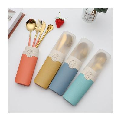 China Viable 4PCS Student Travel Portable Stainless Steel Straw Spoon Knife Fork Chopsticks Flatware Set in Wheat Fiber Case for sale