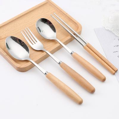 China Japanese style durable comfortable handle kitchen utensils cutlery stainless steel wooden tableware set for sale