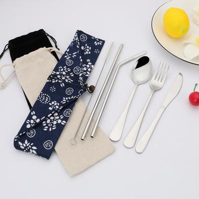 China Custom Viable Stainless Steel Knife Fork Spoon Chopsticks Straws Set Portable Tableware Tableware with Carry Bag for Travel Camping for sale