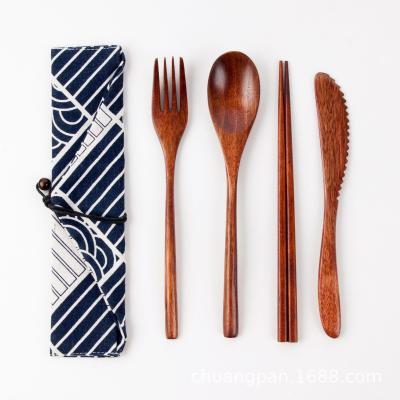 China Creative Tied Line Travel Nanmu Sustainable Healthy Natural Reusable Wooden Tableware Utensils Fork Spoon Chopsticks Knife Cutlery Set for sale