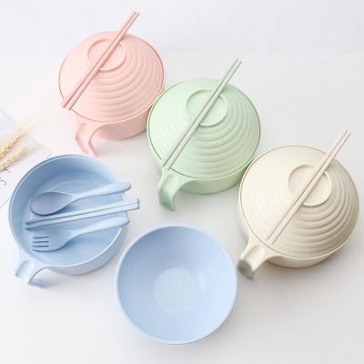 China Eco-friendly Sustainable Wheat Straw Instant Noodle Anti-fall Bowl With Lid Spoon Fork Chopsticks Set Tableware for sale