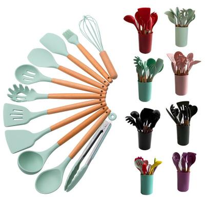 China Sustainable Wooden Handle 12pcs Silicone Kitchenware Set Home Kitchen Baking Cooking Tools for sale