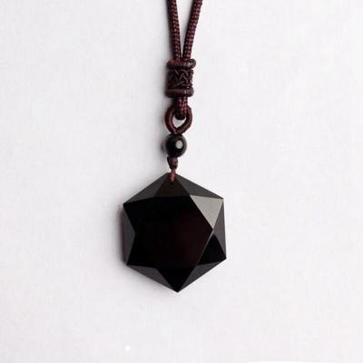 China New Arrival Black Natural Cubic Hexagram Stone Obsidian Stone Obsidian Pendant Necklaces For Women Men Sweater Necklace for sale