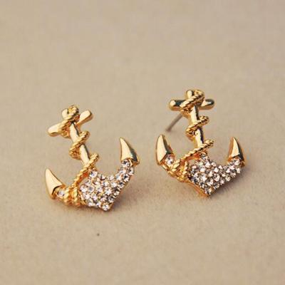 China Anchor Earrings Navy Jewelry Diamond Charm Simple Design Crystal Anchor Earrings For Girls for sale