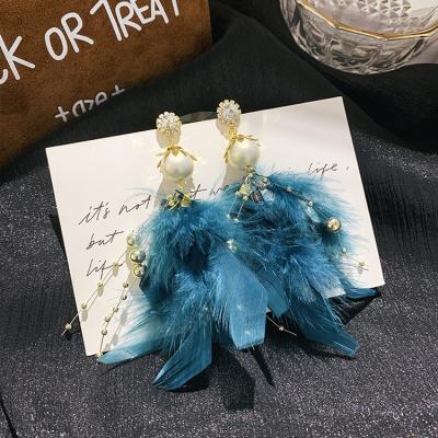 China Environmentally friendly feather fringe 925 silver earrings new winter jewelry pearl fairy exaggerated long dangling earrings wholesale for sale