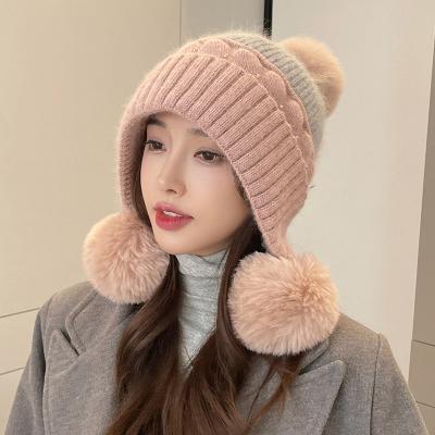 China COMMON wool ball hearing protection warm face knitted cold proof sweater hats autumn and winter Korean fashion riding for sale