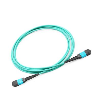 China Multimode FTTH FTTB FTTX Network Aqua 12 24 Core MPO/MPO OM3 50/125 mm Fiber Optic Patch Cord for sale