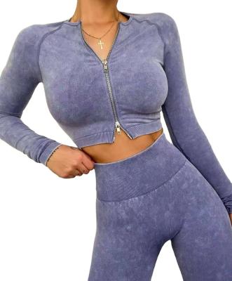 中国 Viable Women's Sport Double Front Zipper Crop Top Long Sleeve Seamless 2 Piece Set Acid Wash Yoga Leggings 販売のため