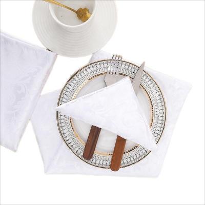 China Disposable Embossed White Napkins For Sale Polyester Fabric Jacquard Weave Square Table Cloth Luxury Restaurant Foldable Washable Napkin for sale