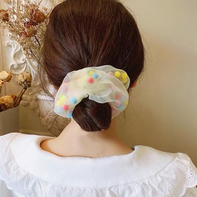 China Wholesale Cute Vintage Kawaii Candy Color Girl Hair Rope Pompoms Balls Organza Hair Scrunchy Ponytail Holder for sale