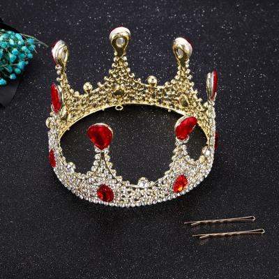 China European Style Men's King Queen Party Wedding Crown Headwear Zinc Alloy Diamond Baroque Gold Red Silver Alloy Round Crown Hair Accessories for sale