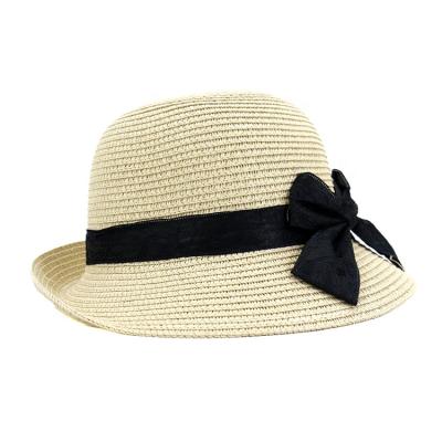 China Striped Drop Shipping Straw Cap Ladies Big Black Bowknot Sun Paper Hat Summer Beach Hat Women Good Quality For Girl for sale