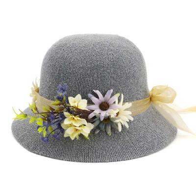 China Spring Striped Women's Summer Fashion Travel Hats Flower Breathable Beach Sun Straw Foldable Hat for sale