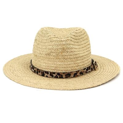 China Striped Grass Straw Fedoras Panama Hat Jazz Hat Handmade Natural Raffia Sun Leopard Belt Decoration Raffia Summer Women Men Leisure for sale