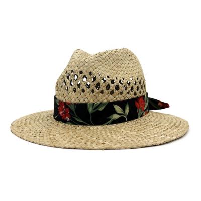 China Lady Men's Beach Waist Fedora Hats Wide Brim Straw Adult Gentleman Fedoras Sun Of The Running Plant Plankton Wholesale Striped Hat for sale