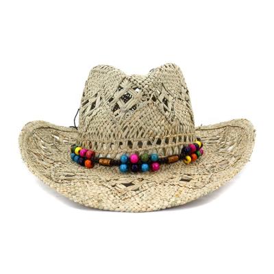 China 58cm Retro Women Men Summer Straw Beach Wide Brim Seagrass Cavity Hat Striped Wood Band Alloy Bead Stretching Cowboy Hats for sale