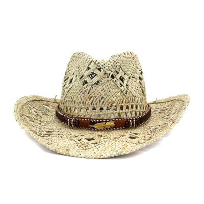 China Cowboy 100% Fake Straw Women Handmade Sun Panama Vegetable Plankton Summer Gem Decoration Casual Beach Cap Striped Cowgirl Men Hat for sale