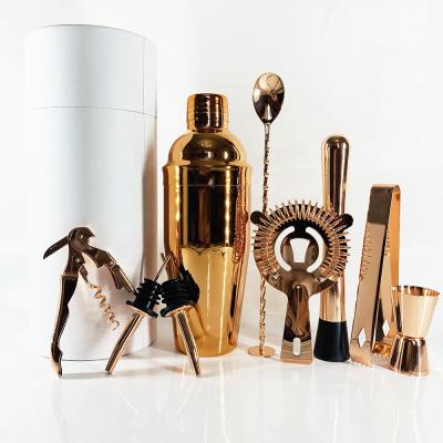 China Final Viable Custom Logo Packaging Home Bar Rose Gold Steel Bar Tool Cocktail Shaker Copper Stainless Set for sale