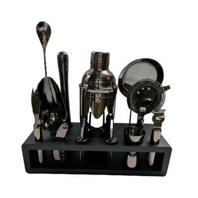 China Viable Custom Bartender Logo Premium Quality Black Plated Stainless Steel Cocktail Shaker Bar Kit Set With Stand for sale