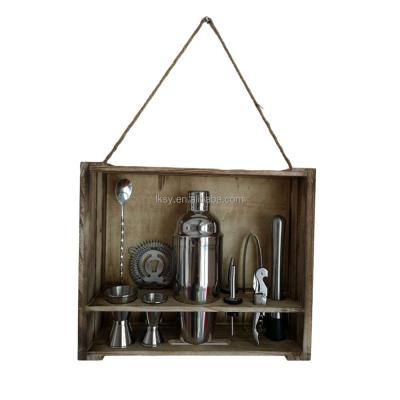 China Rustic Hanging Wooden Bamboo Bartender Kit Bar Set Cocktail Shaker Stand Holder Box Custom Viable Logo Packaging 11PCS Set for sale