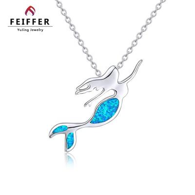 China Wholesale Cute Blue Fire Opal Mermaid Pendant Necklaces 925 Silver Animal Jewelry For Sale for sale