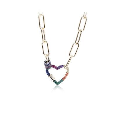 China Romantic Wholesale Custom Colorful Jewelry Gift Handmade Gemstone Rhodium Plated Brass Pave Rainbow Heart Necklace For Woman for sale