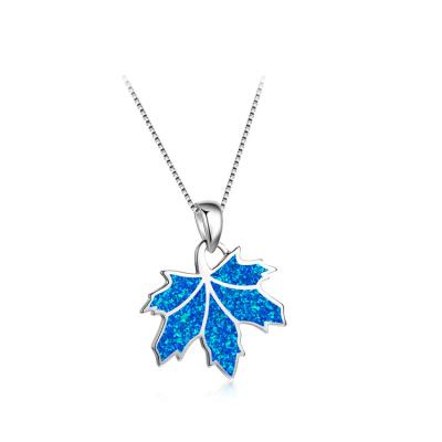 China Fire Romantic Synthetic Opal Pendant Necklace Maple Leaf Candy Brass Jewelry For Birthday Gift for sale