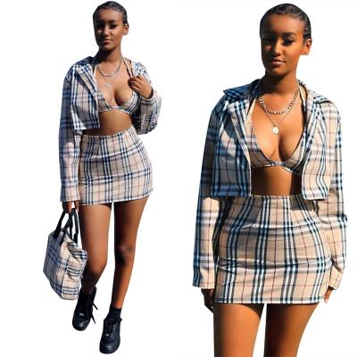 China 2022 Spandex/Polyester Fashion Women Clothes Outfits Plaid Printed 3 Piece Set for sale