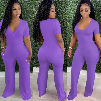 China Anti-pilling 2022 New Summer Solid Color Fashionable Deep V Wide Leg Lucky Label Overalls For Women for sale