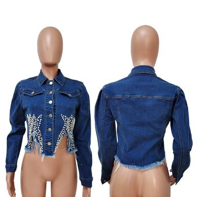 China 2021 new Anti-wrinkle Amazon denim jacket hot-selling beaded denim jacket, denim coat women for sale