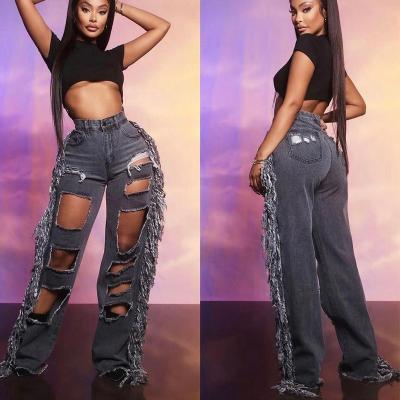 China Fashion New Design Gray Ripped Tassel Fringe Denim Loose Jeans Pants For Women for sale