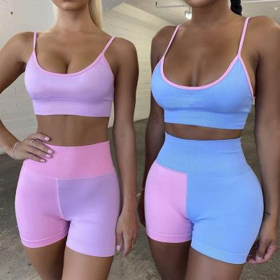 China Newest Breathable Women Macaron Patchwork Color Gym Fitness Equipment Sports Short Yoga Bra Set for sale