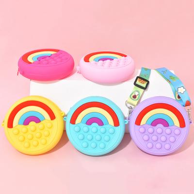 China Food-Safe Material Kids Educational Toys Push Pop Bubble Stir Sensory Toys Bag with Strap Rainbow Silicone Popis Restless Person Purse Cross - Handbags body for sale