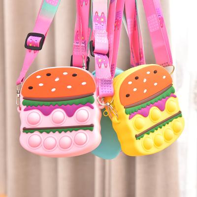 China Cute Mini Silicone Girls Fashion Kids Cartoon Hamburger Push Coin Purse Shoulder Purse Food-Safe Material Bags Pop Each Other Bubble Restless Purse Bag for sale