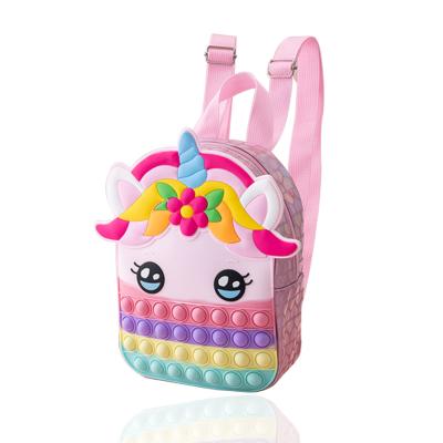 China Lovely Food-Safe Material Girls Push Pop Bubble Bubble Toy Backpack School Bags Sensory Rainbow Unicorn Silicon Fidget Purse For Kids Children for sale